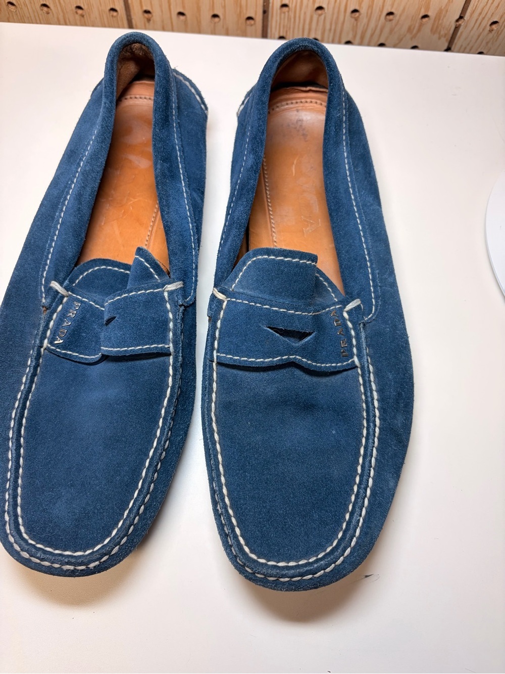 Prada Men's Blue Suede Penny Loafers